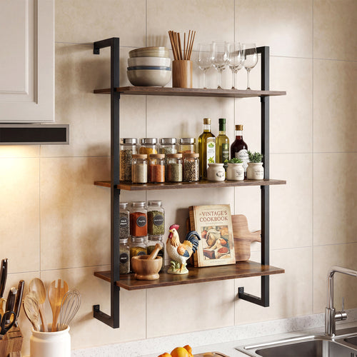 3-Tier Floating Modern Kitchen Shelf for Living Room Home Office and Bathroom, Rustic Brown