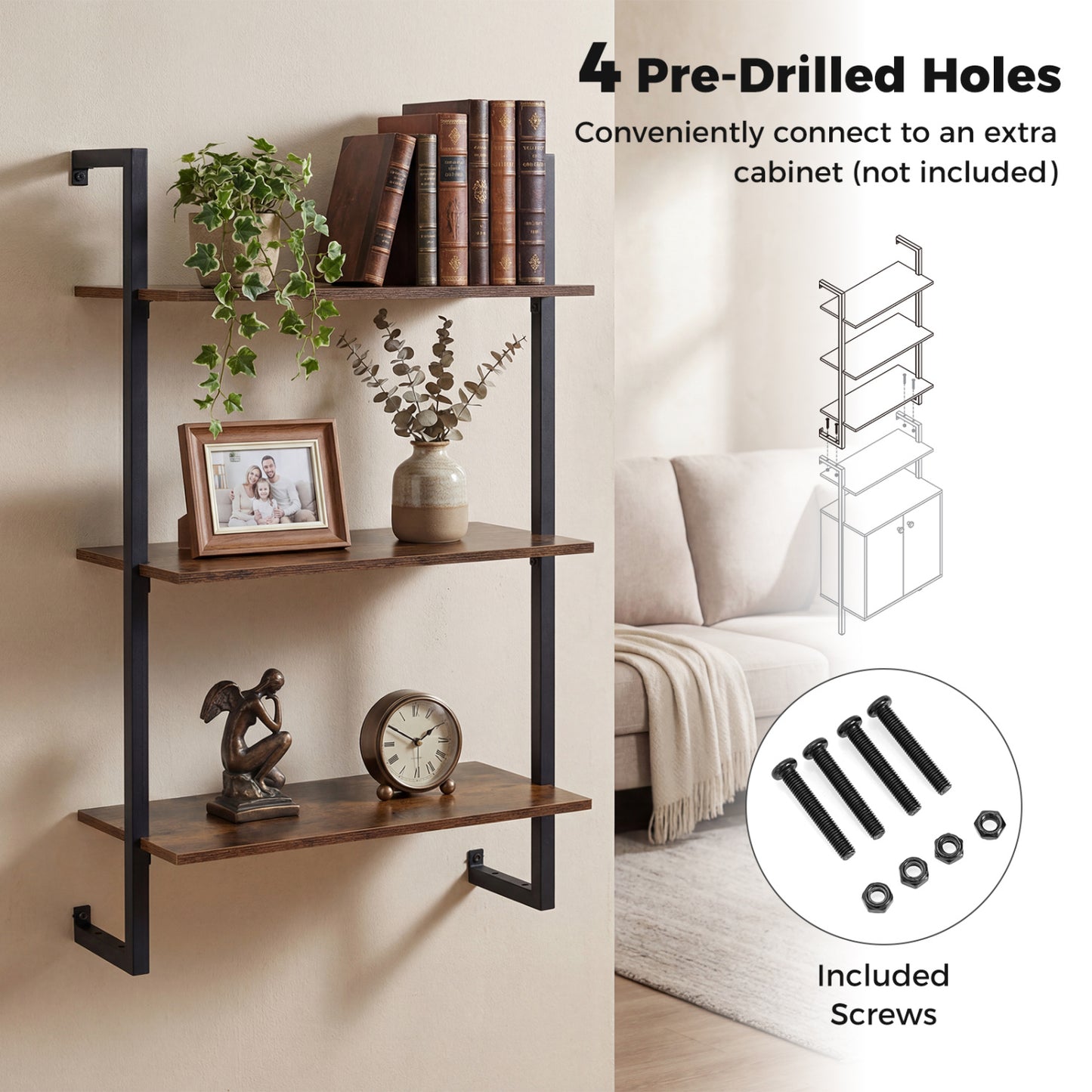 3-Tier Floating Modern Kitchen Shelf for Living Room Home Office and Bathroom, Rustic Brown Bookcases at Gallery Canada