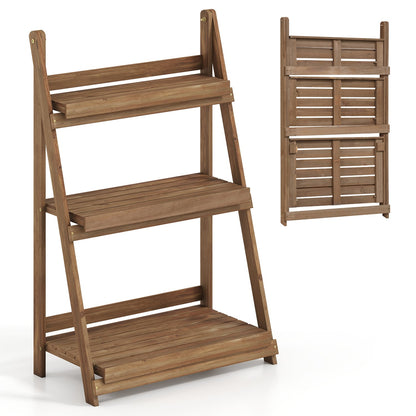 3-Tier Foldable Plant Stand, Slatted Shelves, Fir Wood, Brown