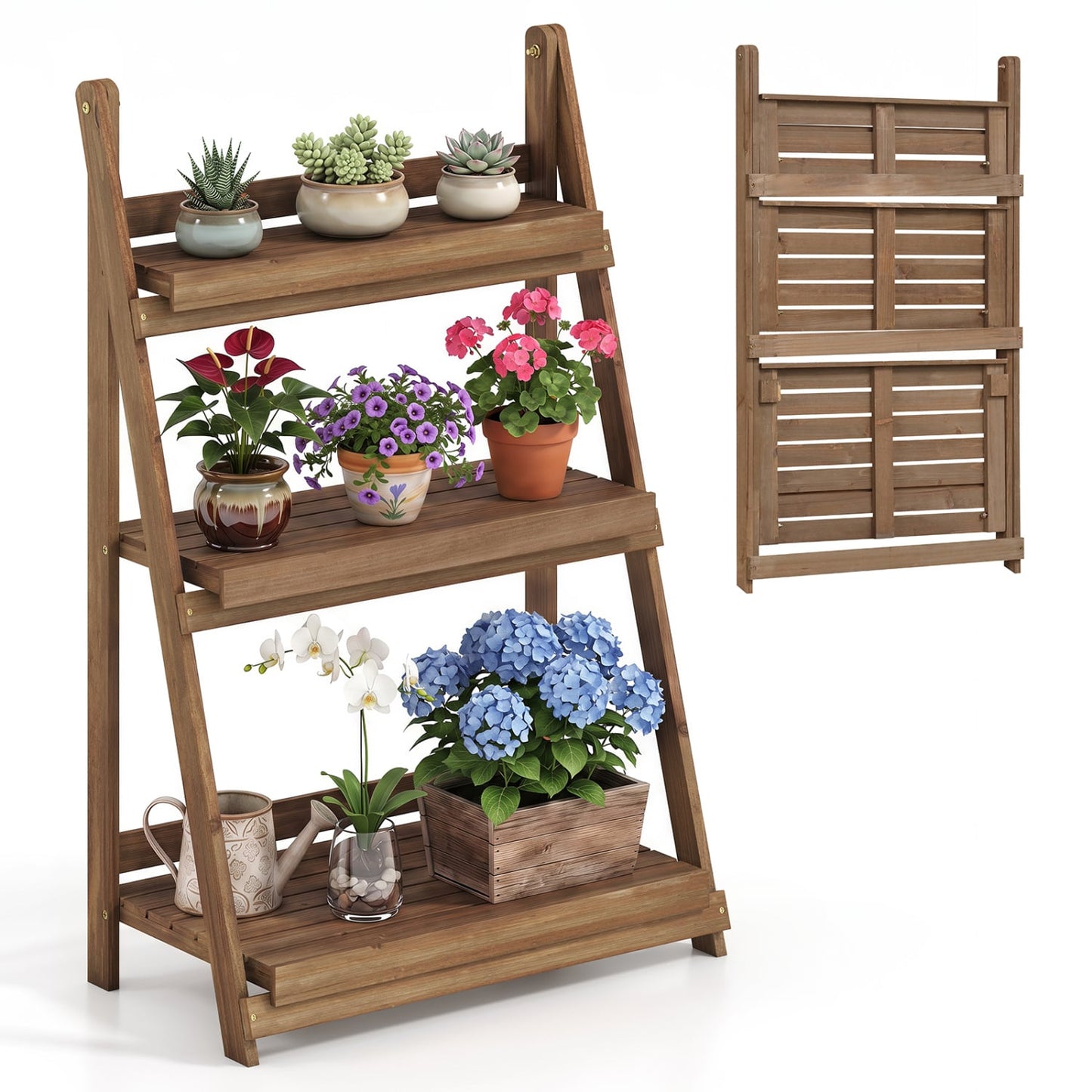 3-Tier Foldable Plant Stand, Slatted Shelves, Fir Wood, Brown