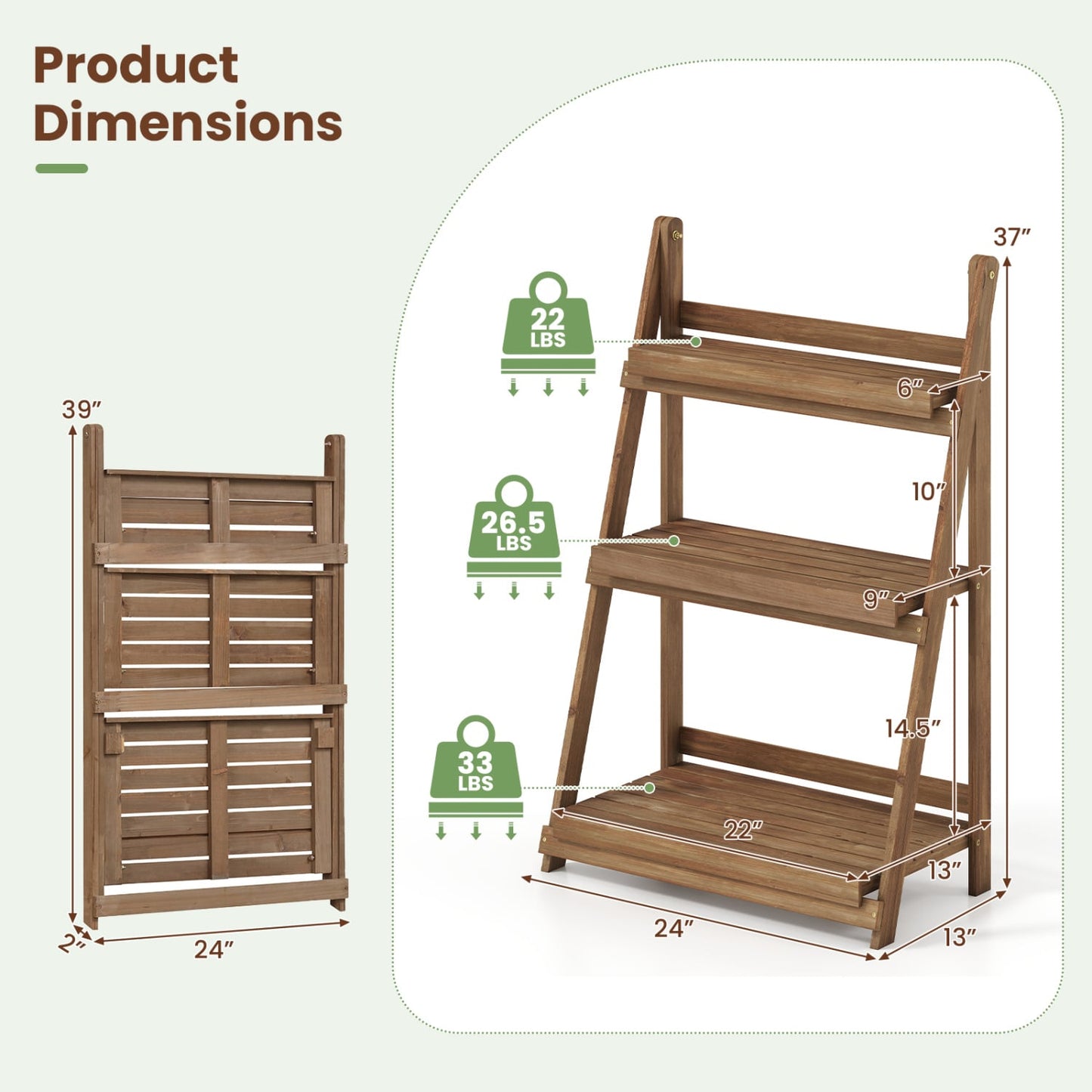 3-Tier Foldable Plant Stand, Slatted Shelves, Fir Wood, Brown