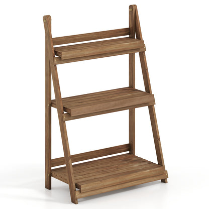 3-Tier Foldable Plant Stand, Slatted Shelves, Fir Wood, Brown