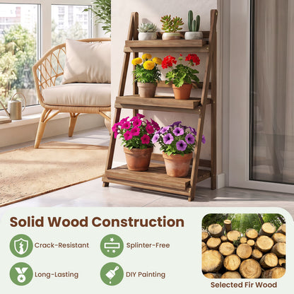 3-Tier Foldable Plant Stand, Slatted Shelves, Fir Wood, Brown
