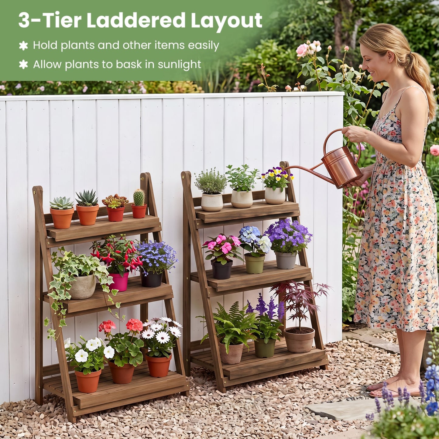 3-Tier Foldable Plant Stand, Slatted Shelves, Fir Wood, Brown