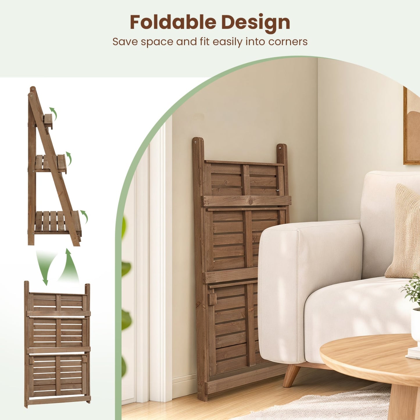 3-Tier Foldable Plant Stand, Slatted Shelves, Fir Wood, Brown