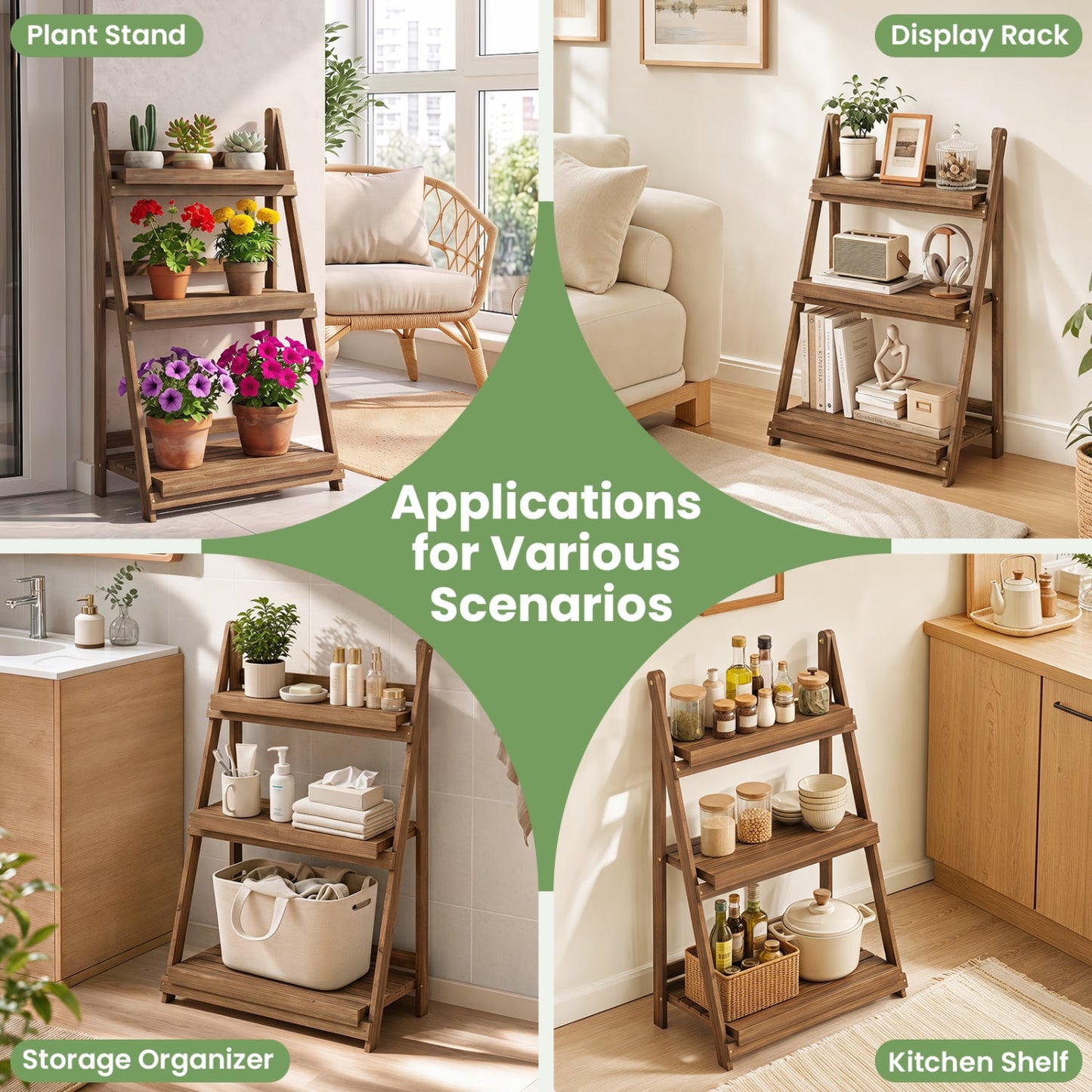 3-Tier Foldable Plant Stand, Slatted Shelves, Fir Wood, Brown