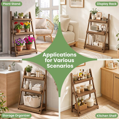 3-Tier Foldable Plant Stand, Slatted Shelves, Fir Wood, Brown
