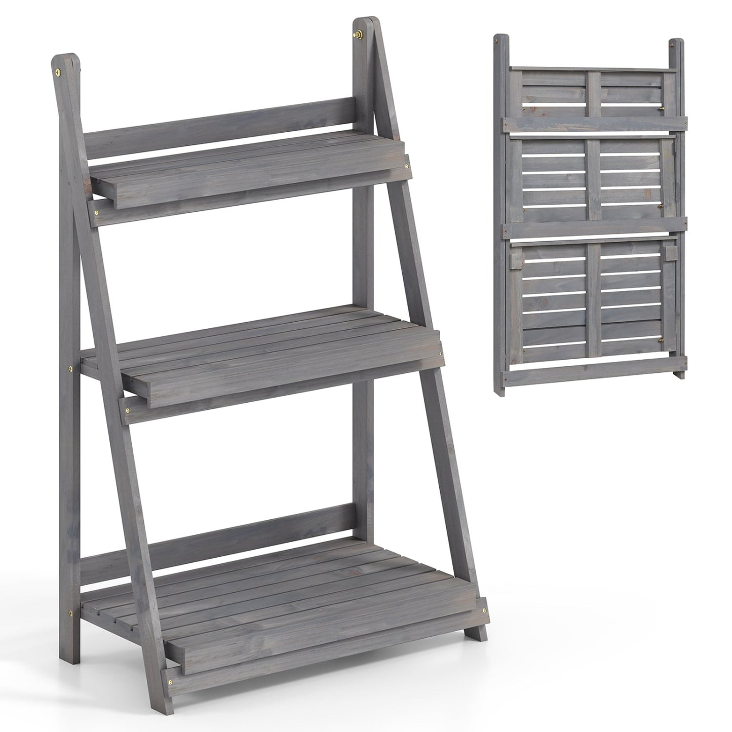 3-Tier Foldable Plant Stand, Slatted Shelves, Fir Wood, Gray