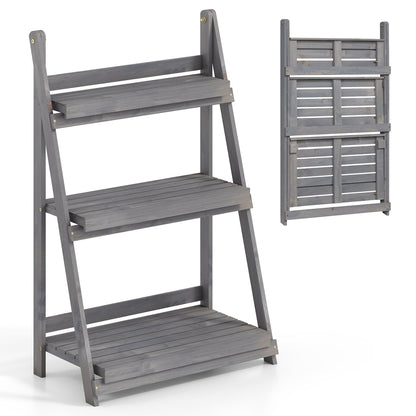 3-Tier Foldable Plant Stand, Slatted Shelves, Fir Wood, Gray