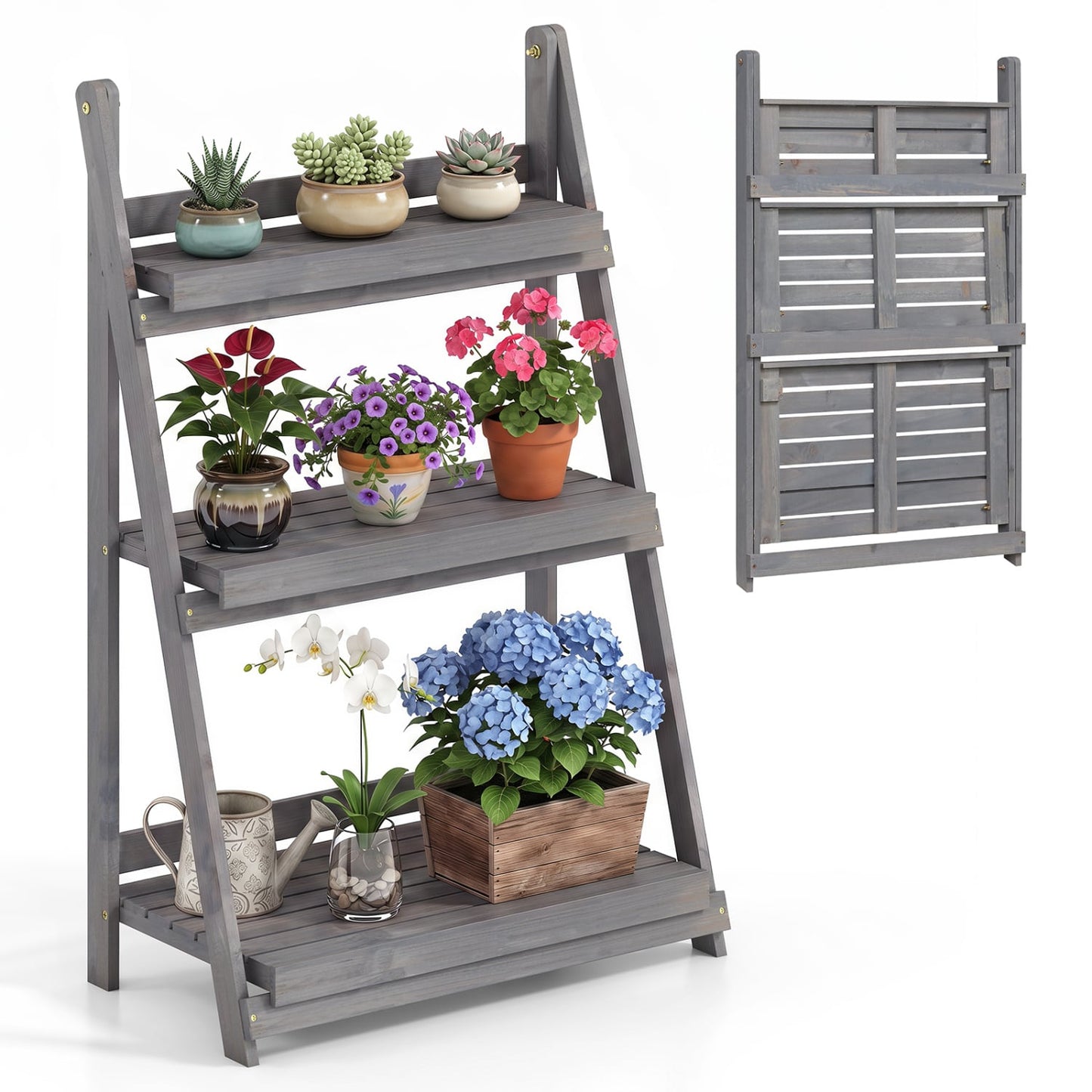 3-Tier Foldable Plant Stand, Slatted Shelves, Fir Wood, Gray