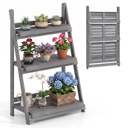 3-Tier Foldable Plant Stand, Slatted Shelves, Fir Wood, Gray