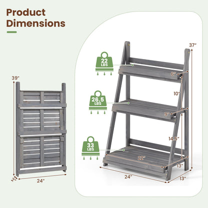 3-Tier Foldable Plant Stand, Slatted Shelves, Fir Wood, Gray