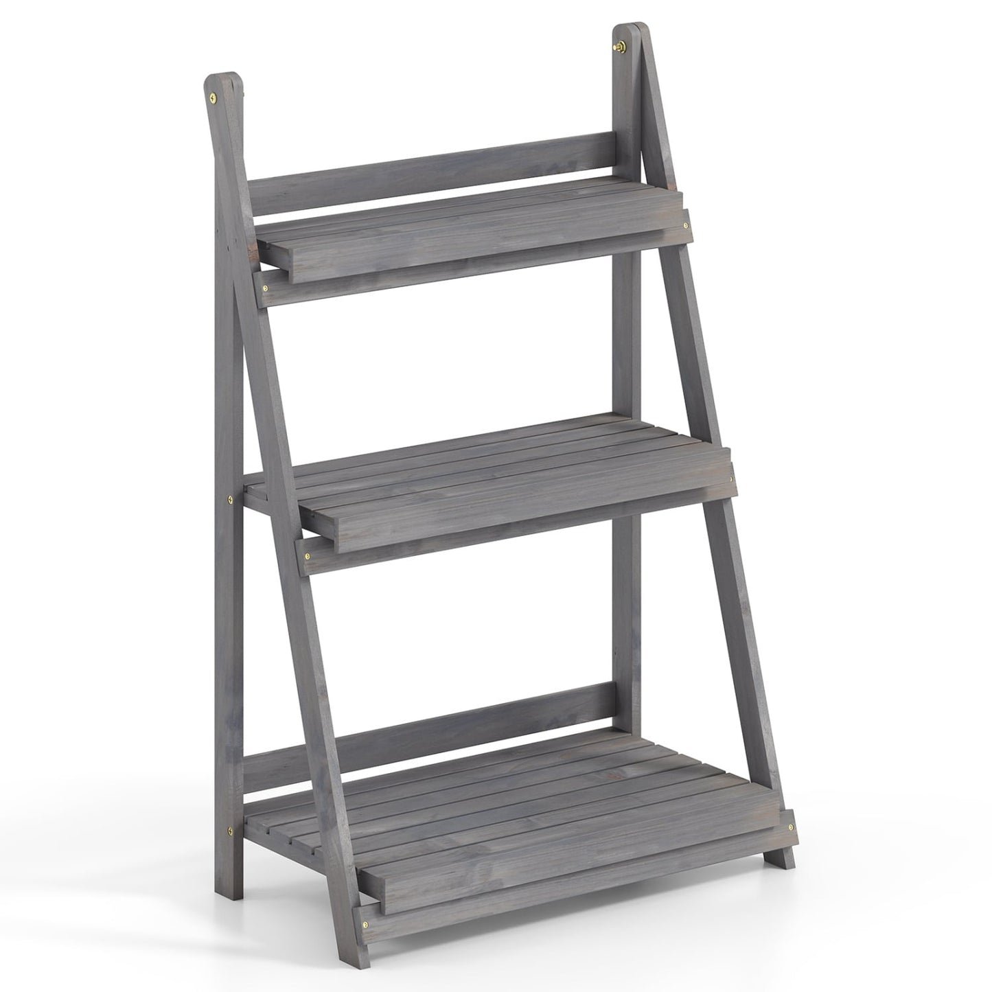 3-Tier Foldable Plant Stand, Slatted Shelves, Fir Wood, Gray