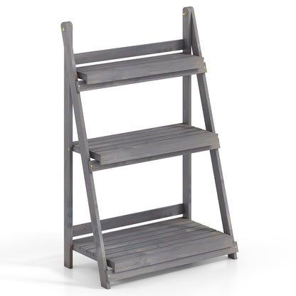 3-Tier Foldable Plant Stand, Slatted Shelves, Fir Wood, Gray