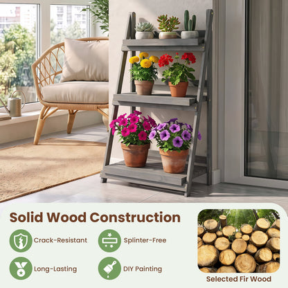 3-Tier Foldable Plant Stand, Slatted Shelves, Fir Wood, Gray