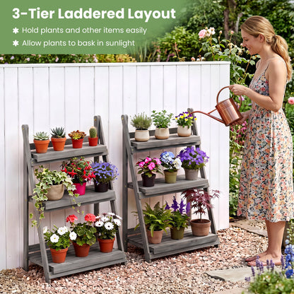 3-Tier Foldable Plant Stand, Slatted Shelves, Fir Wood, Gray