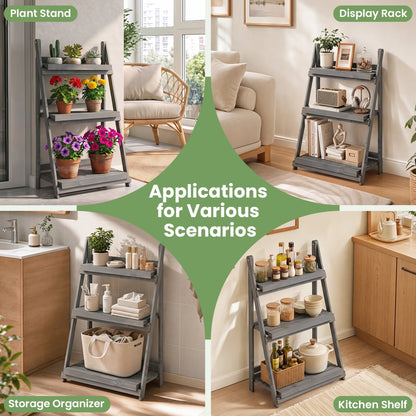 3-Tier Foldable Plant Stand, Slatted Shelves, Fir Wood, Gray