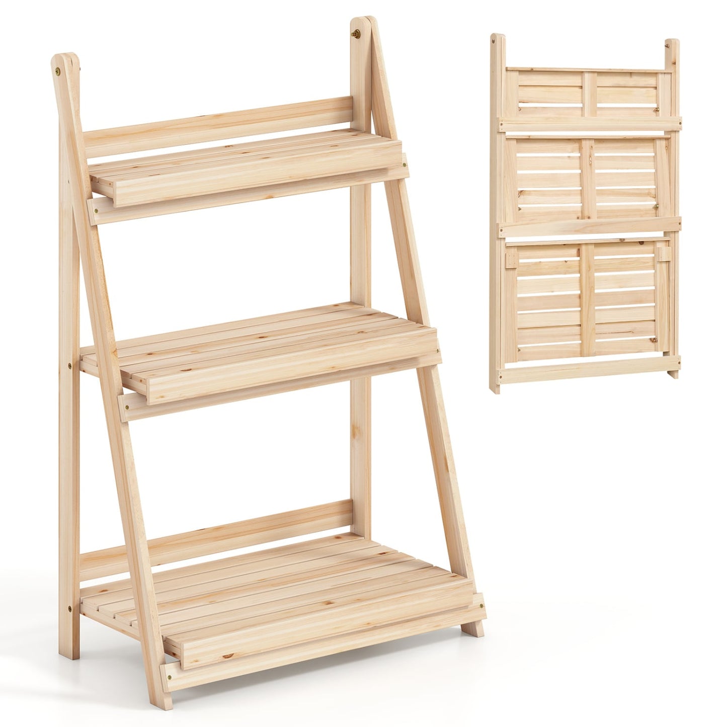 3-Tier Foldable Plant Stand, Slatted Shelves, Fir Wood, Natural