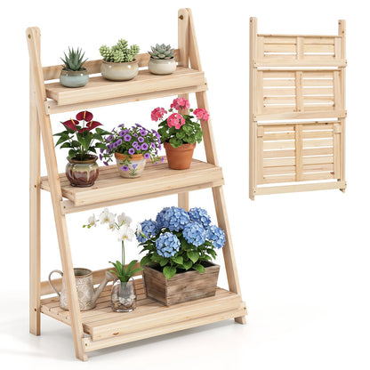 3-Tier Foldable Plant Stand, Slatted Shelves, Fir Wood, Natural