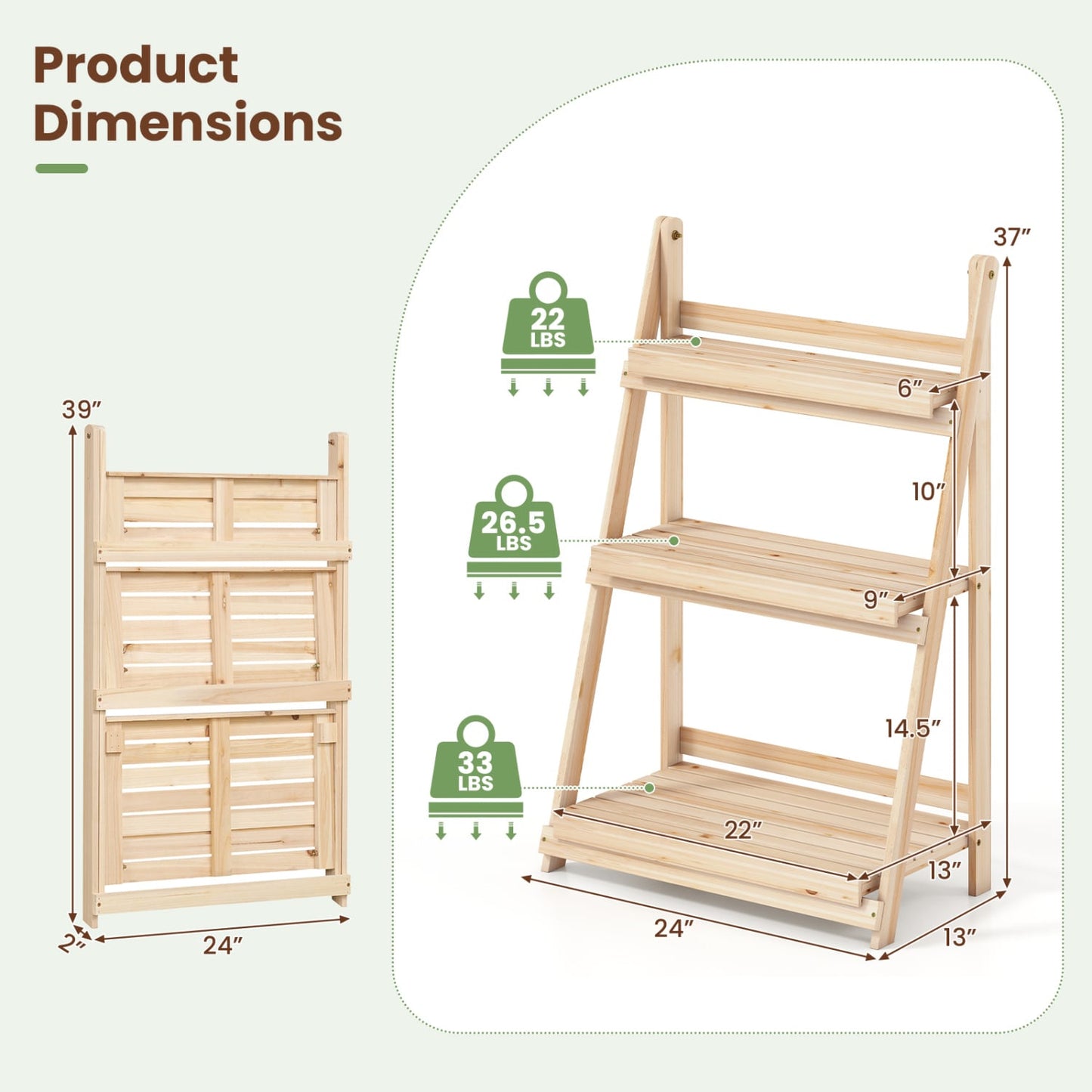 3-Tier Foldable Plant Stand, Slatted Shelves, Fir Wood, Natural