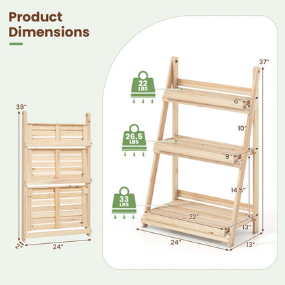 3-Tier Foldable Plant Stand, Slatted Shelves, Fir Wood, Natural