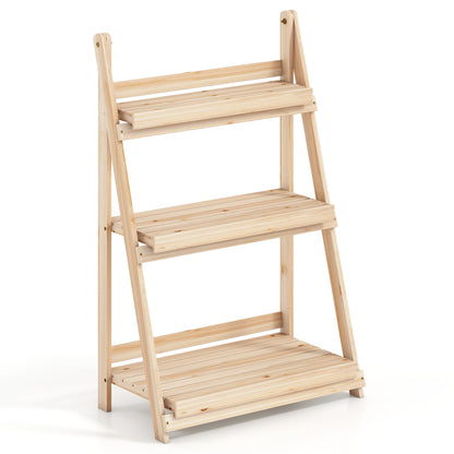3-Tier Foldable Plant Stand, Slatted Shelves, Fir Wood, Natural