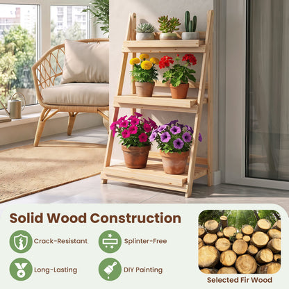 3-Tier Foldable Plant Stand, Slatted Shelves, Fir Wood, Natural