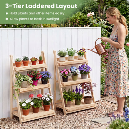 3-Tier Foldable Plant Stand, Slatted Shelves, Fir Wood, Natural