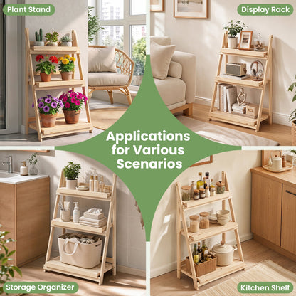3-Tier Foldable Plant Stand, Slatted Shelves, Fir Wood, Natural