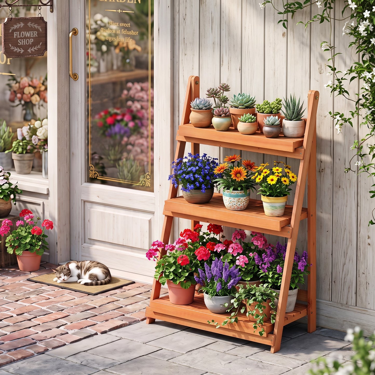3-Tier Foldable Plant Stand, Slatted Shelves, Fir Wood Frame, Orange