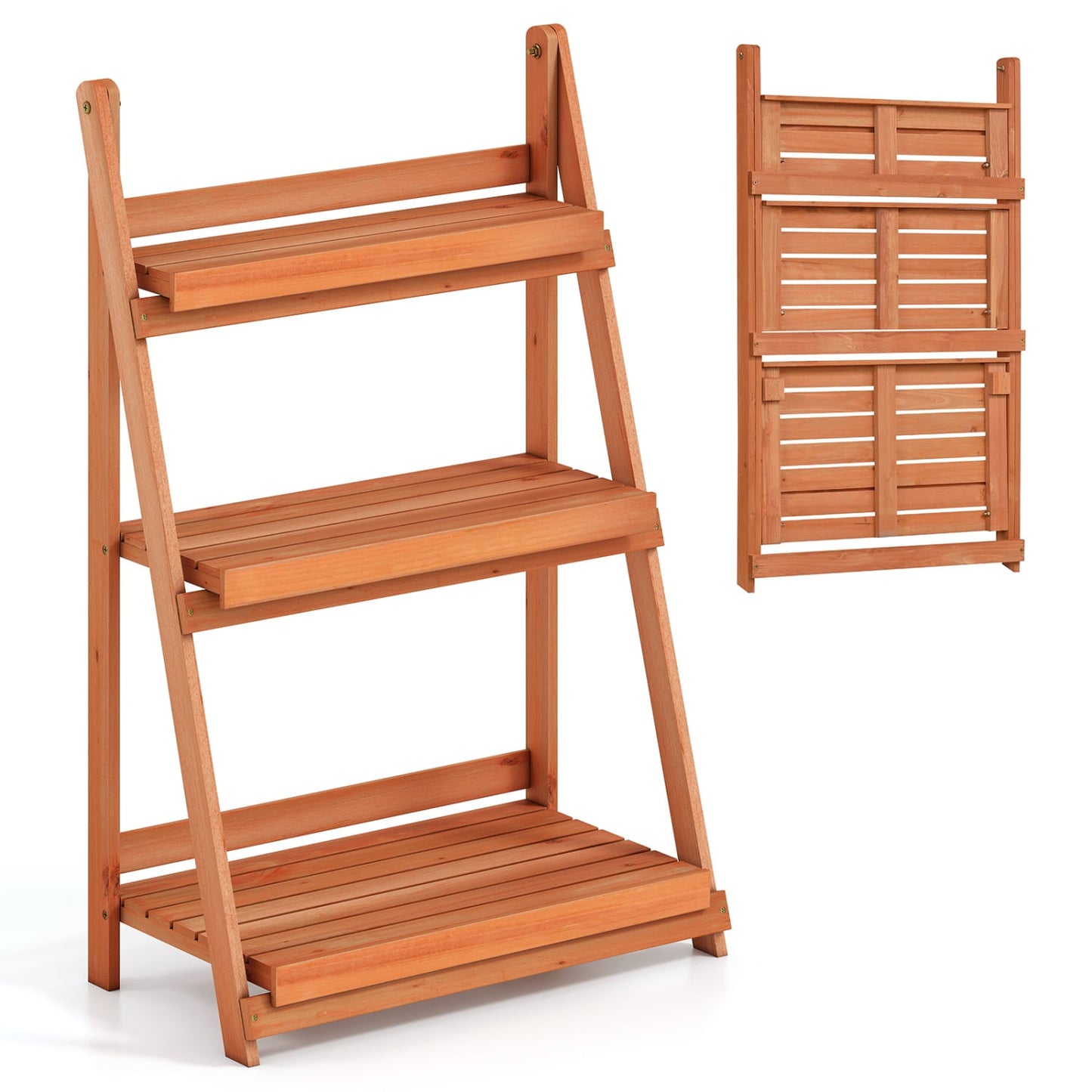 3-Tier Foldable Plant Stand, Slatted Shelves, Fir Wood Frame, Orange