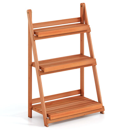 3-Tier Foldable Plant Stand, Slatted Shelves, Fir Wood Frame, Orange