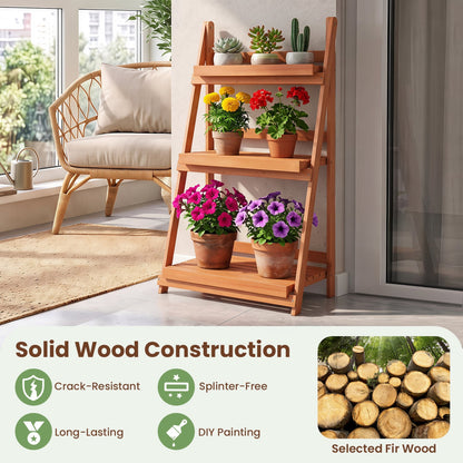 3-Tier Foldable Plant Stand, Slatted Shelves, Fir Wood Frame, Orange