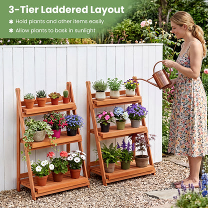 3-Tier Foldable Plant Stand, Slatted Shelves, Fir Wood Frame, Orange