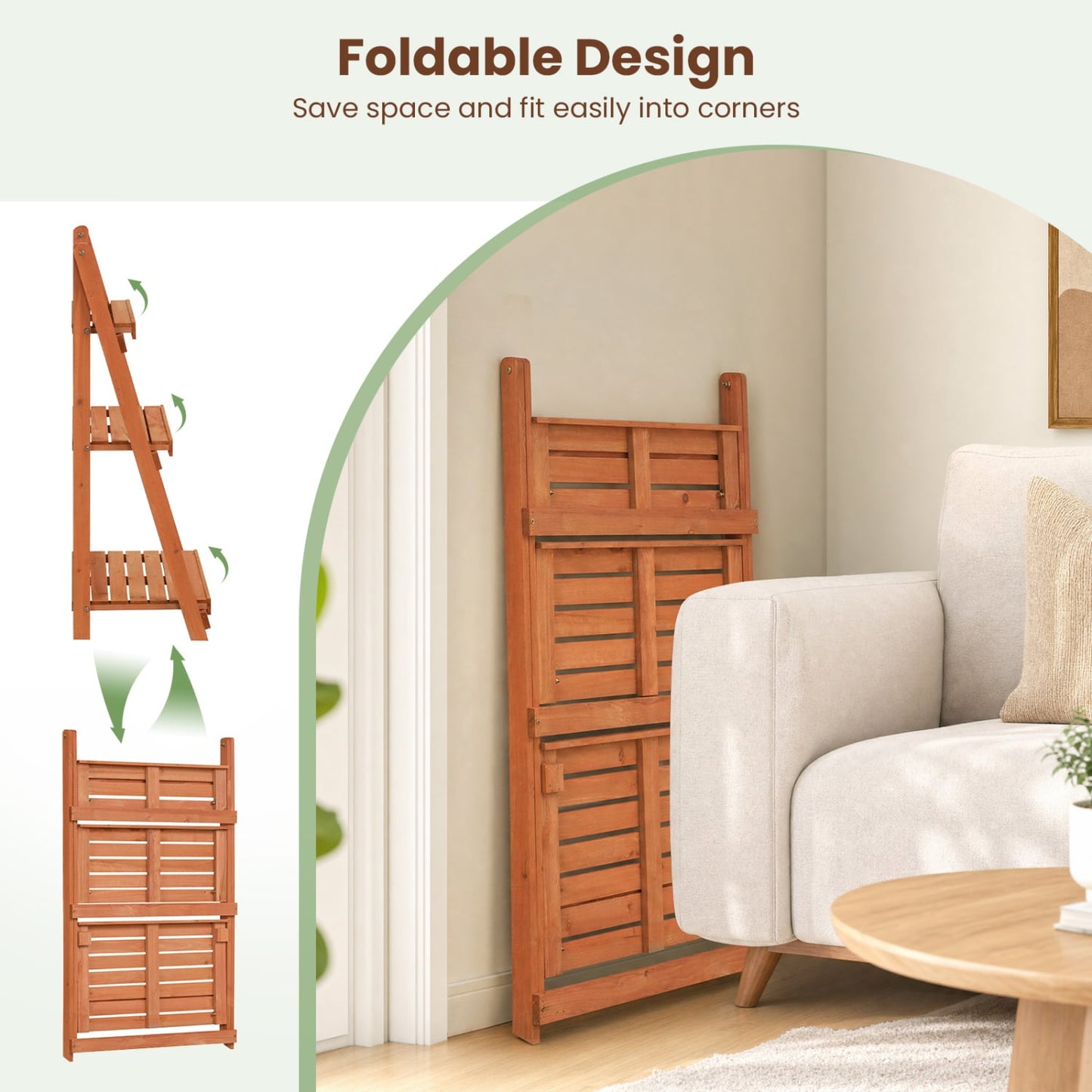 3-Tier Foldable Plant Stand, Slatted Shelves, Fir Wood Frame, Orange