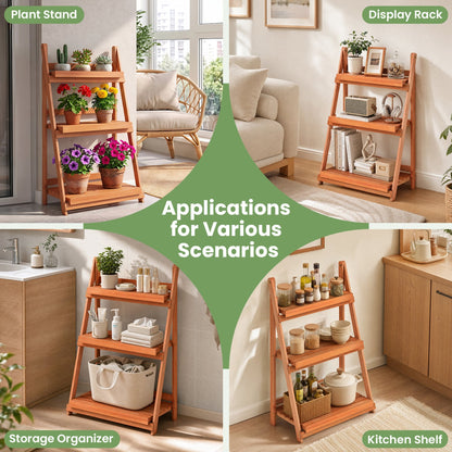 3-Tier Foldable Plant Stand, Slatted Shelves, Fir Wood Frame, Orange