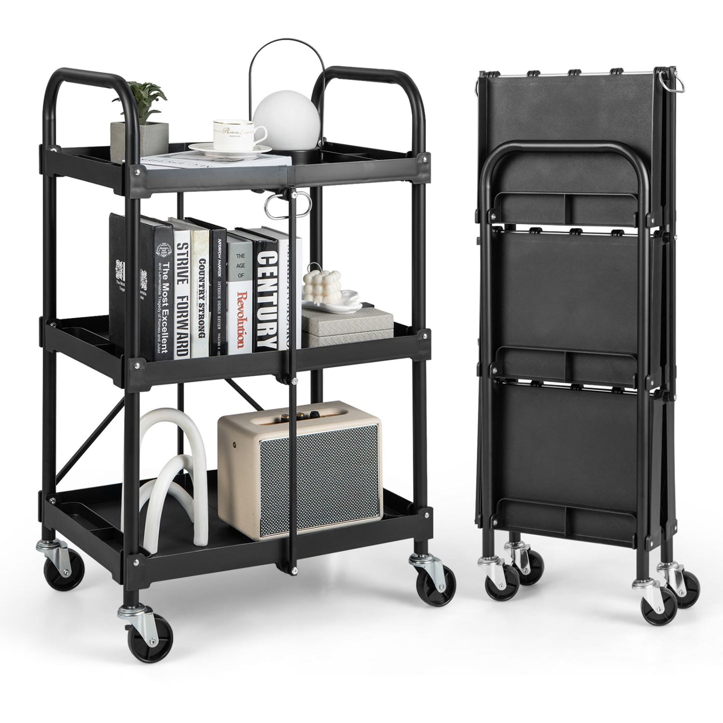 3-Tier Folding Trolley Cart With Universal Wheels, Black Garages Black at Gallery Canada