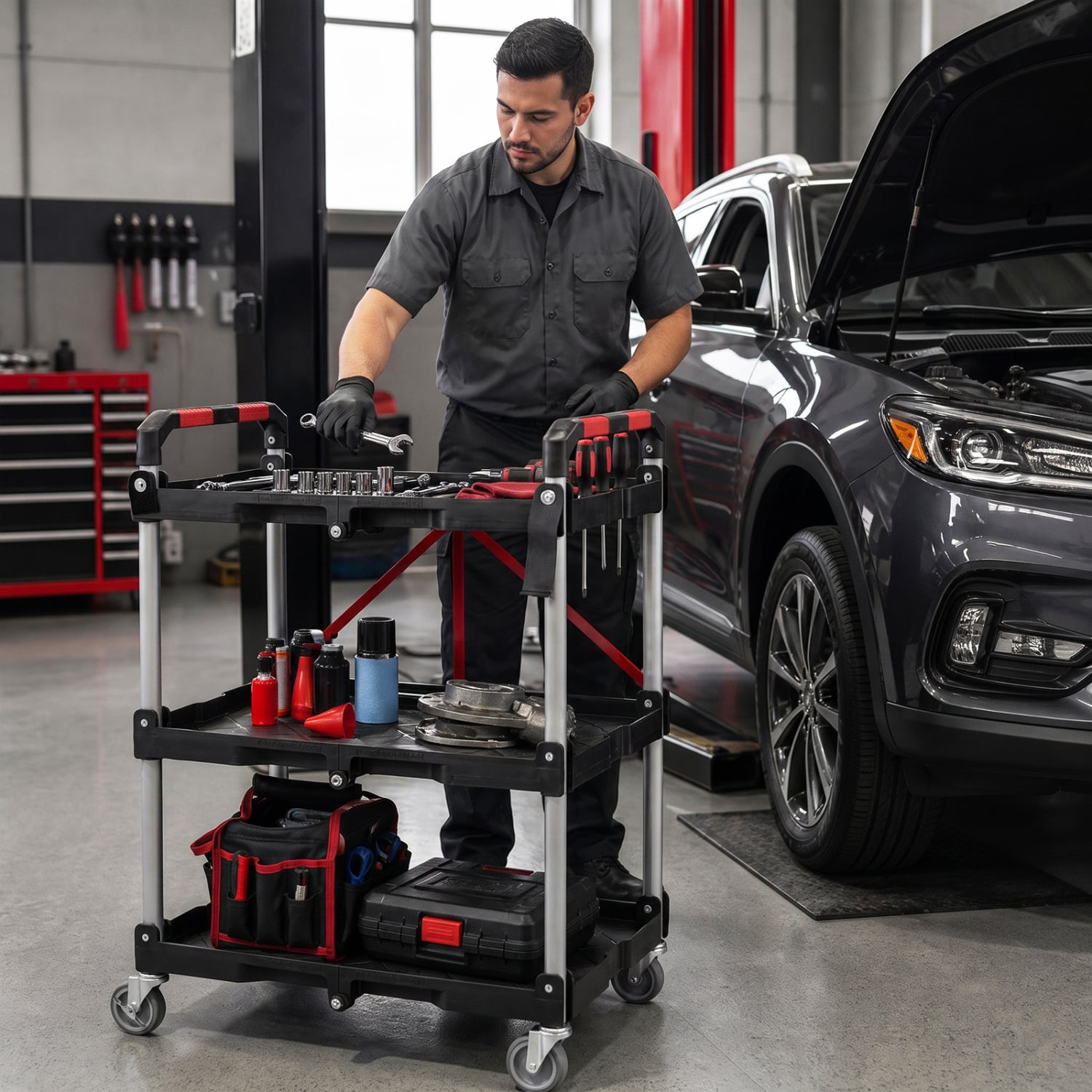 3-Tier Folding Utility Cart, Swivel Wheels, Brakes, Black Kitchen Islands & Carts at Gallery Canada