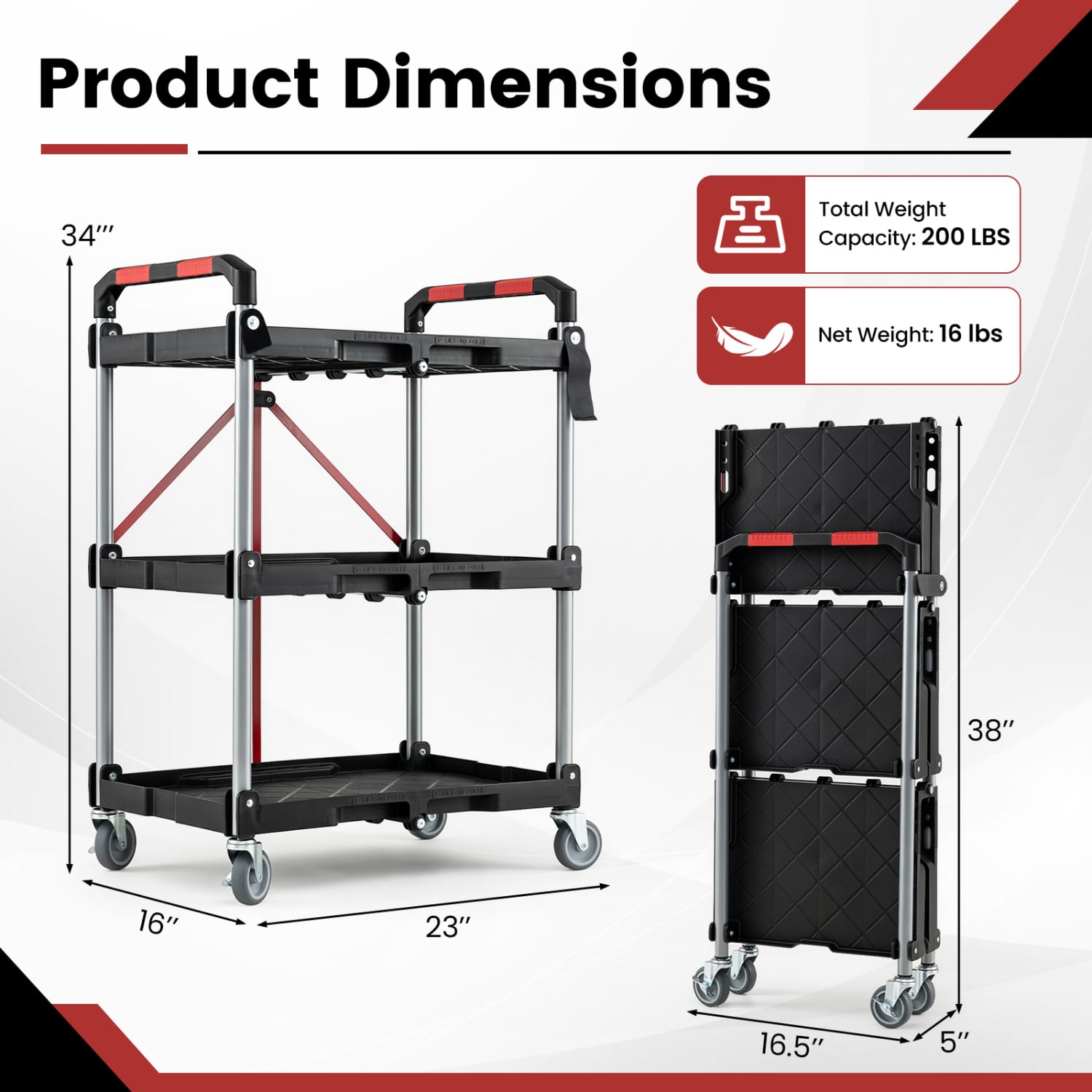 3-Tier Folding Utility Cart, Swivel Wheels, Brakes, Black Kitchen Islands & Carts at Gallery Canada