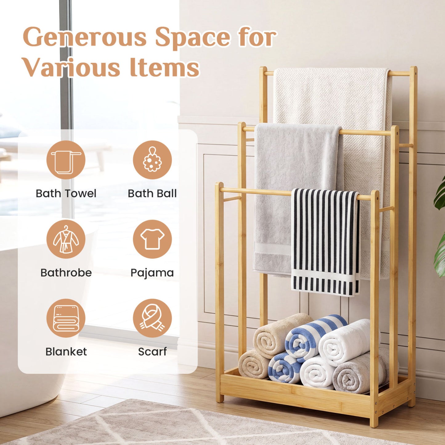 3-Tier Bamboo Towel Rack With Storage Shelf, Natural Towel Racks at Gallery Canada