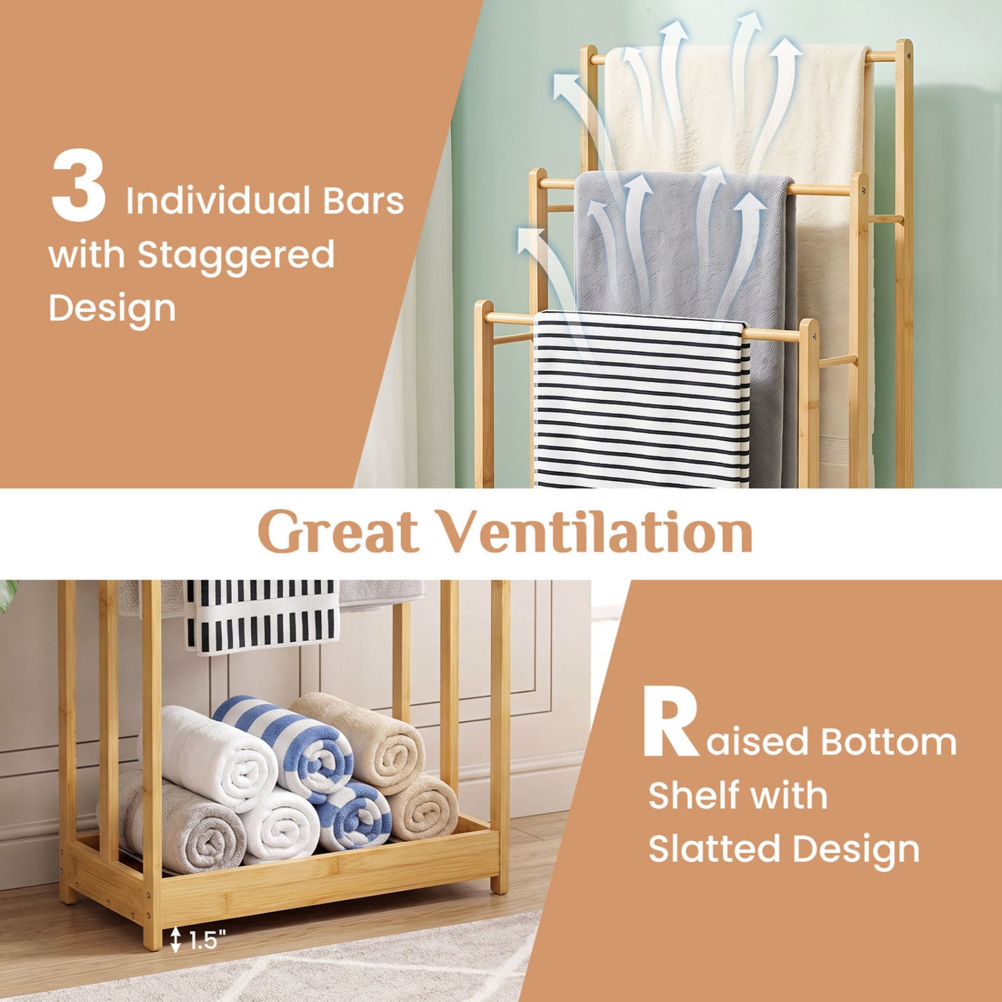 3-Tier Bamboo Towel Rack With Storage Shelf, Natural Towel Racks at Gallery Canada