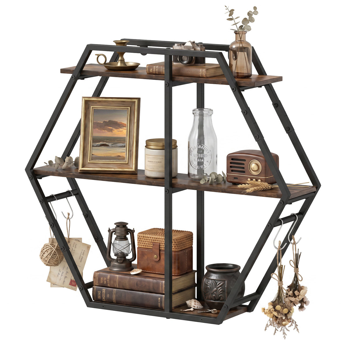 3-Tier Geometric Bookcase With S-Shaped Hooks, Rustic Brown Bookcases Rustic Brown at Gallery Canada