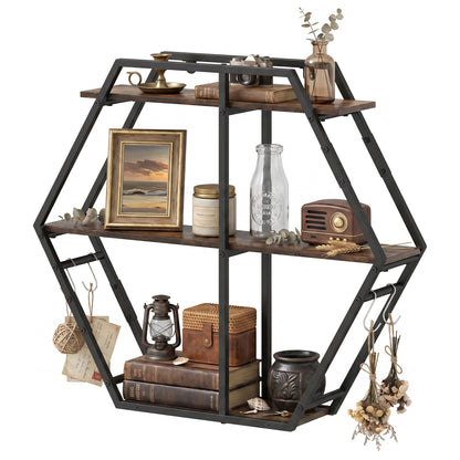 3-Tier Geometric Bookcase With S-Shaped Hooks, Rustic Brown Bookcases at Gallery Canada