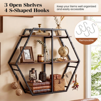 3-Tier Geometric Bookcase With S-Shaped Hooks, Rustic Brown Bookcases at Gallery Canada