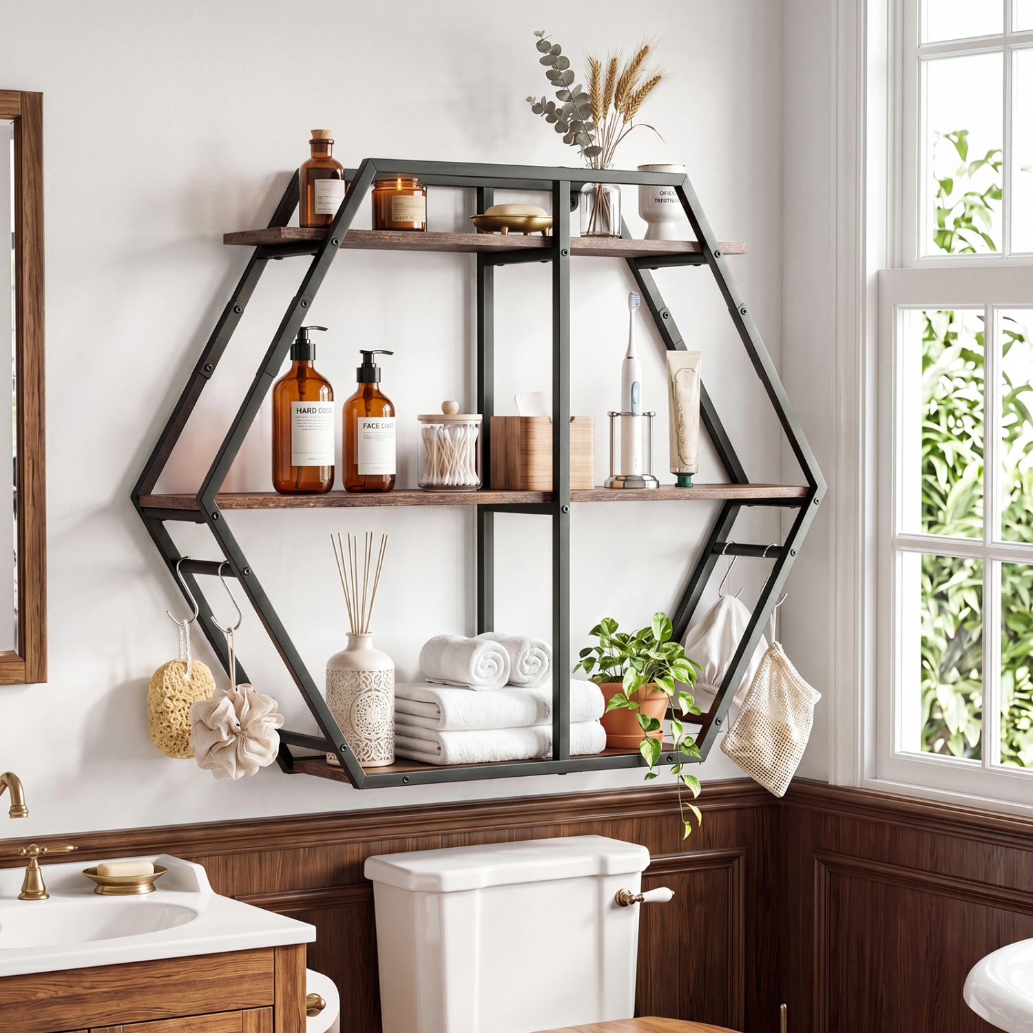 3-Tier Geometric Bookcase With S-Shaped Hooks, Rustic Brown Bookcases at Gallery Canada