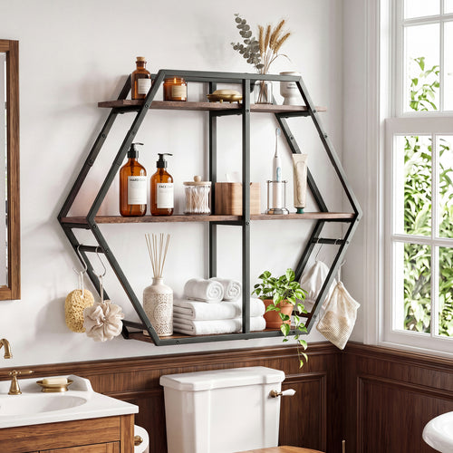 3-Tier Geometric Bookcase With S-Shaped Hooks, Rustic Brown