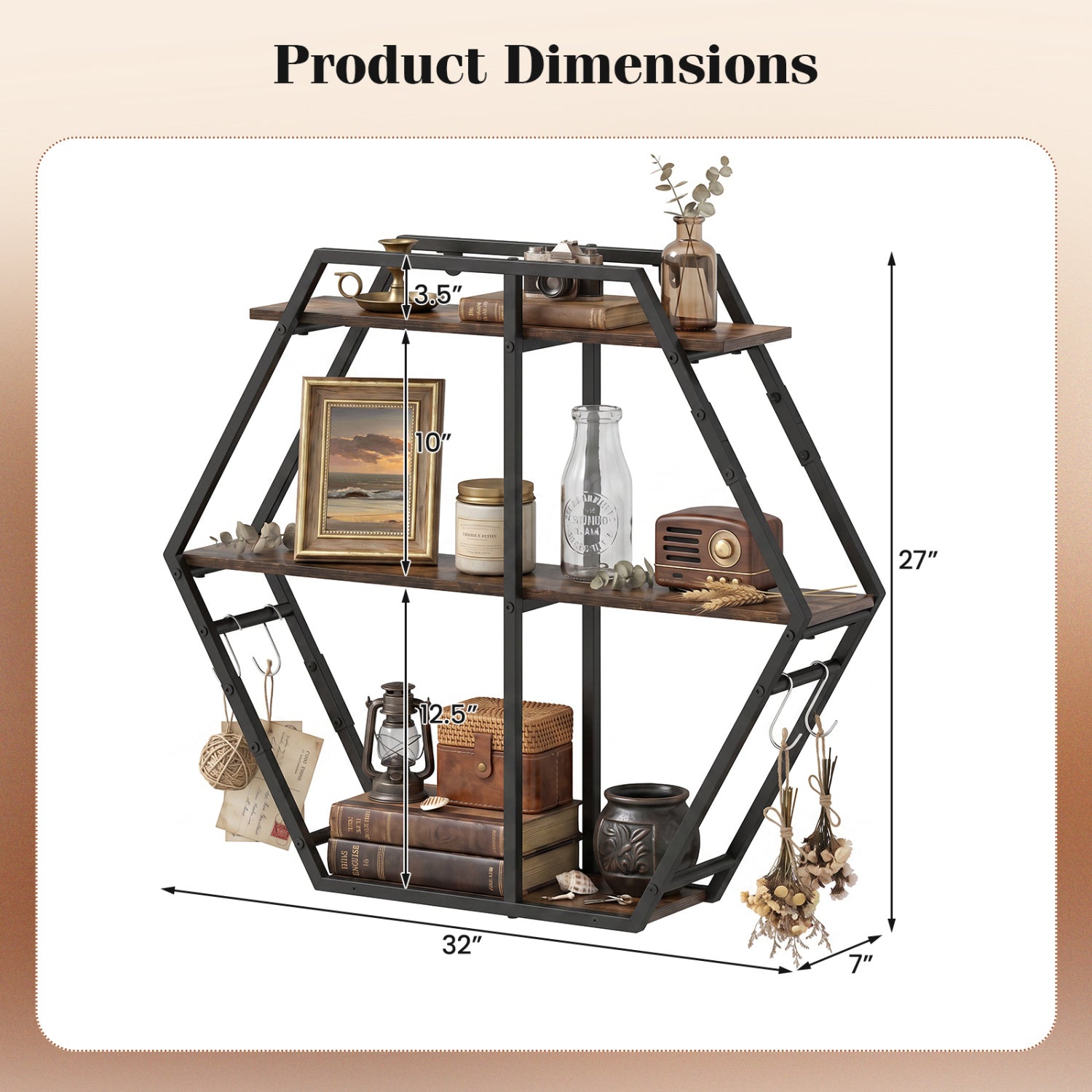 3-Tier Geometric Bookcase With S-Shaped Hooks, Rustic Brown Bookcases at Gallery Canada