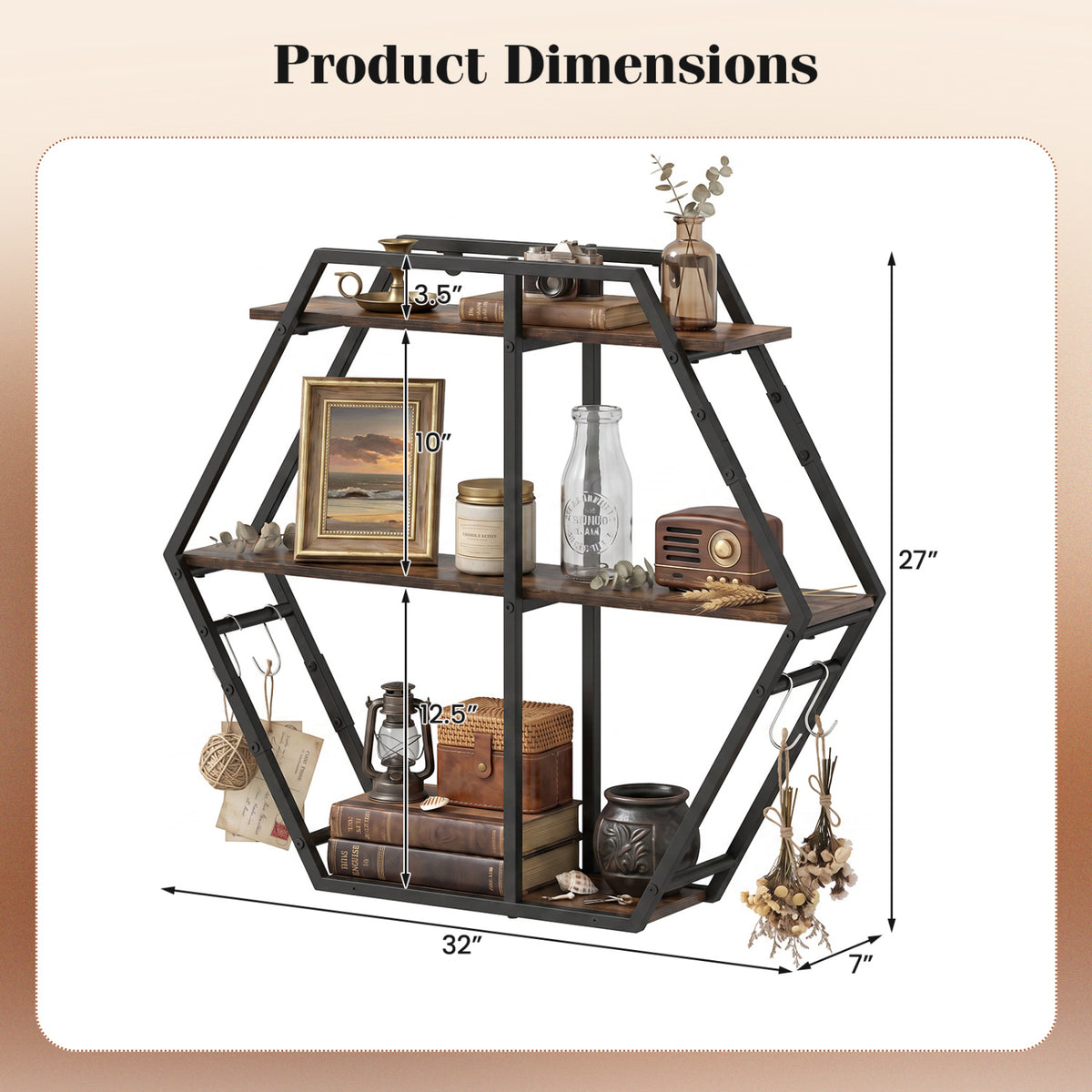 3-Tier Geometric Bookcase With S-Shaped Hooks, Rustic Brown Bookcases at Gallery Canada