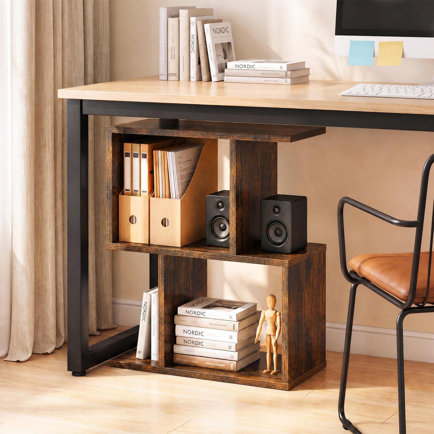 Étagère à géométrie en 3 niveaux, table d'appoint, lot de 2, brun