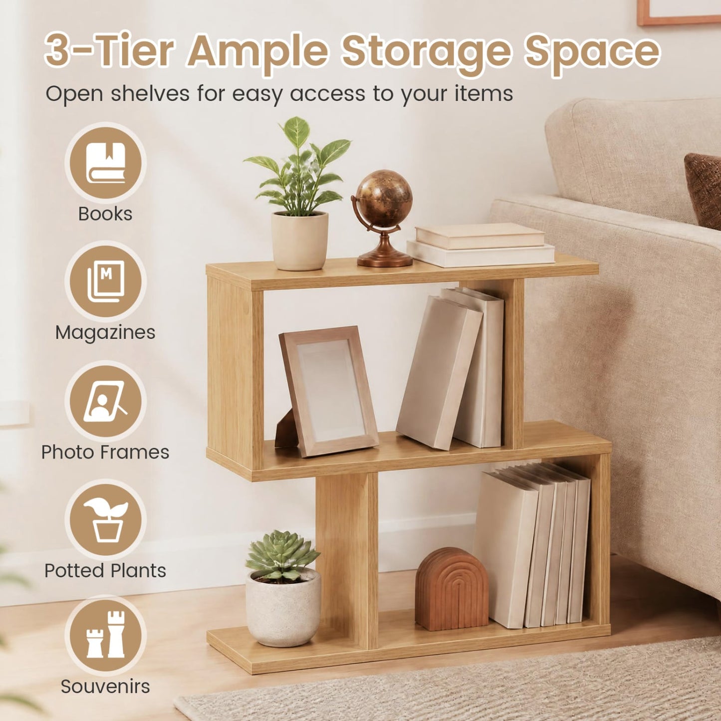 3-Tier Geometric Bookshelf Display Shelf Side Table Set of 2, Natural